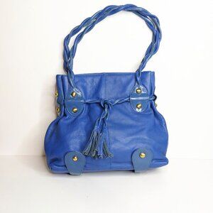 Michael Rome Italian Leather Shoulder Bag Blue Pebbled Handbag with Tassels